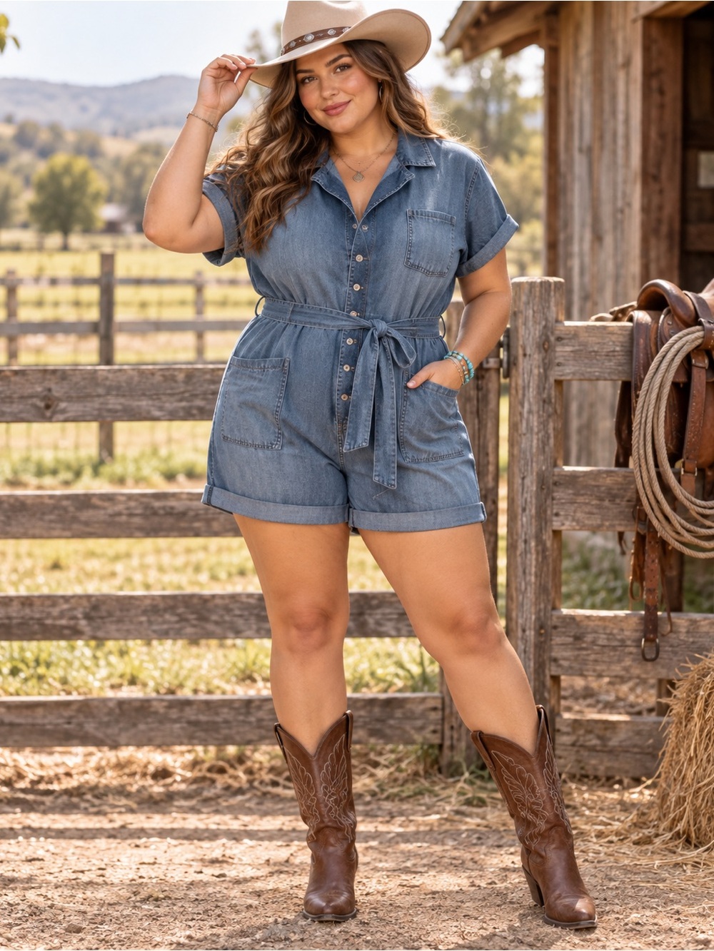 Eloquii Denim Short-Sleeve Tie-Waist Romper - Blue